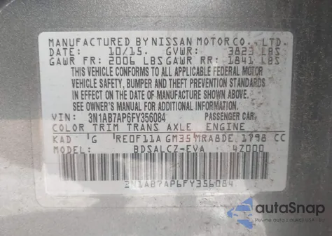 2015 Nissan Sentra S/Sv/Sr/Sl z USA, uszkodzony, nr VIN 3N1AB7AP6FY356084